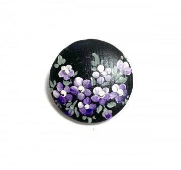 Button   bloemen print   zwart paars wit