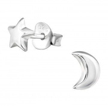 Oorstekers ster en maan   925 sterling zilver